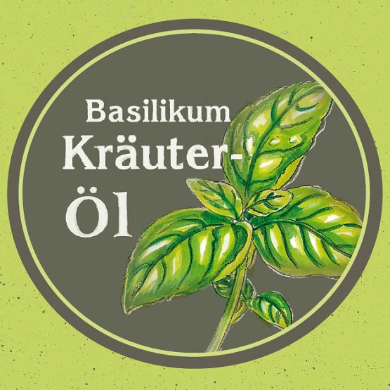 Etikett des Basilikum Kräuteröl in grün der Ölmühle Garting mit gezeichnetem Basilikum