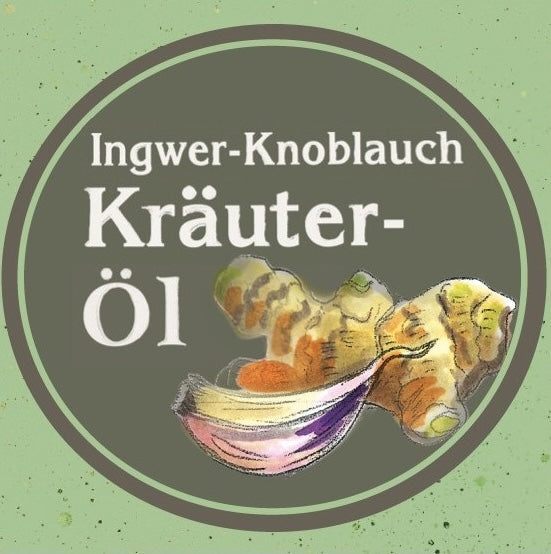 Etikett des Ingwer Knoblauch Kräuteröls nativ kaltgepresst, Ölmühle Garting mit gezeichnetem Ingwer und Knoblauch auf hellgrünem Hintergrund