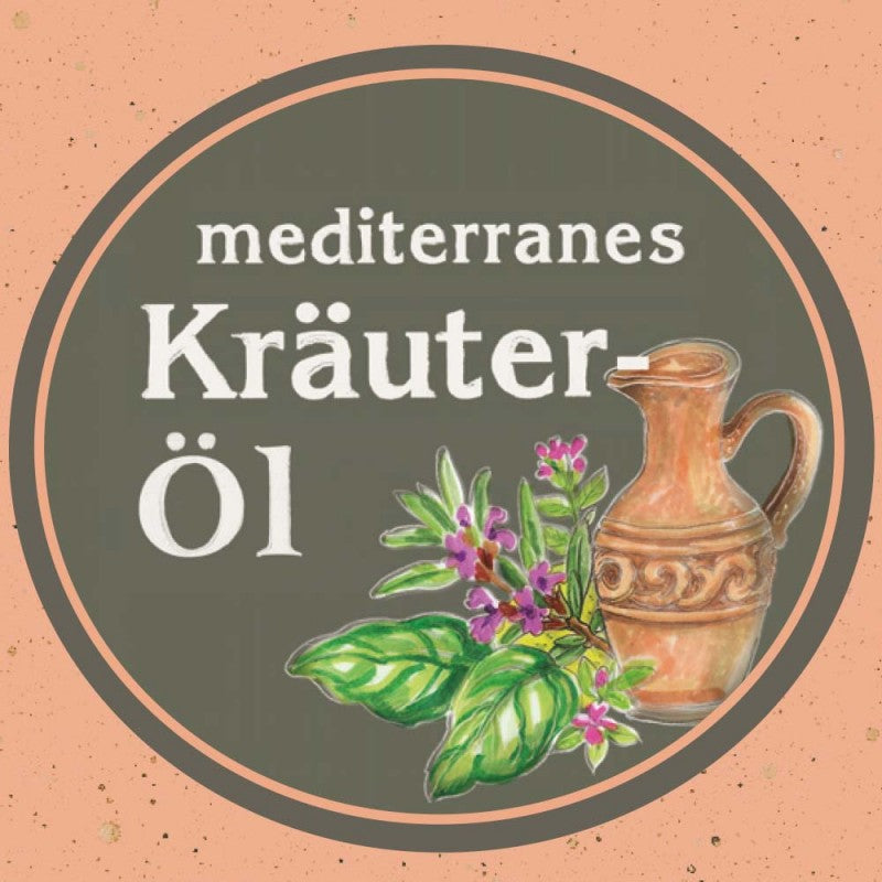 Etikett des Mediterranen Kräuteröls nativ kaltgepresst: Ölmühle Garting mit gezeichneten Kräutern und einer Tonvase auf hellorangem Hintergrund