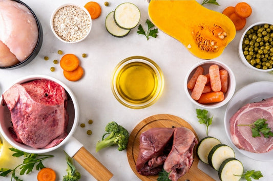 Verschiedene Futtermittel für Tiere mit Fleisch, Innereien, Gemüse, Haferflocken und Pflanzenöl