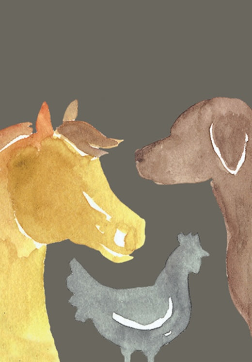 Aquarellillustration eines Pferdes, eines Hundes und eines Huhns auf grauem Hintergrund – Symbolbild der Ölmühle Garting für Tierfutter und Futteröle