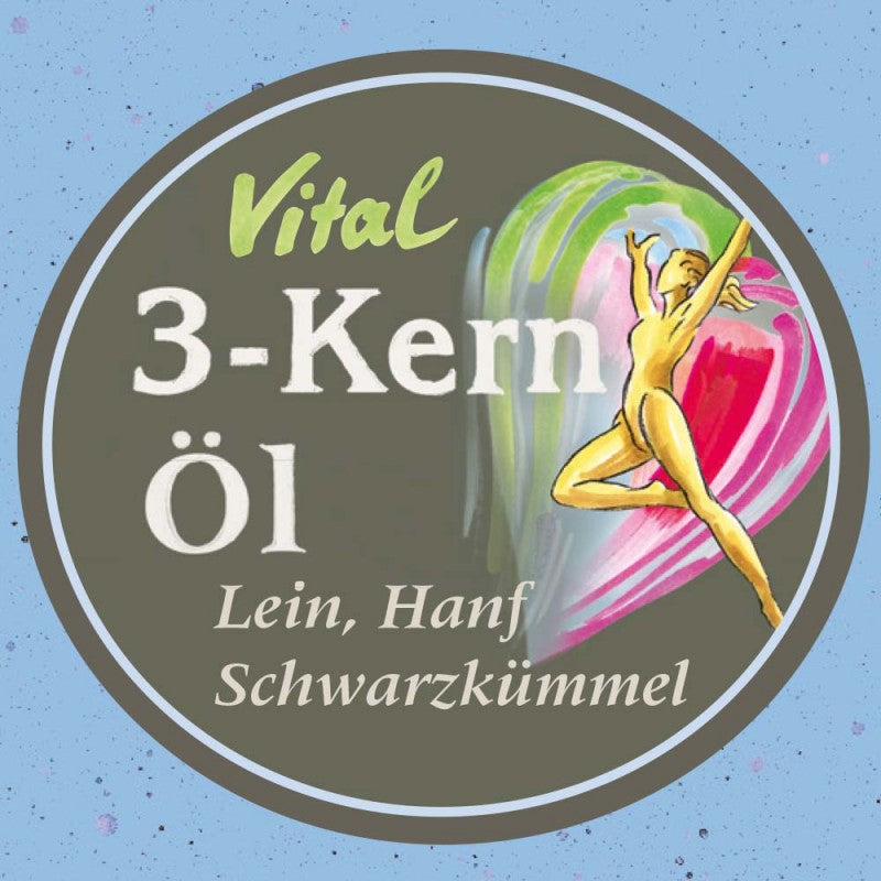 Etikett des Vital 3-Kern Öl aus Lein, Hanf und Schwarzkümmel nativ kaltgepresst: Ölmühle Garting mit gezeichneter Frau