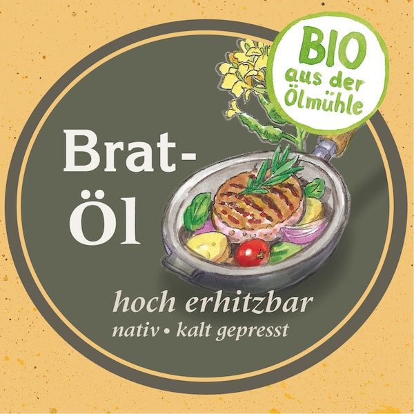 Illustration einer Bratpfanne mit der Aufschrift Bio-Bratöl – hoch erhitzbar, nativ, kaltgepresst