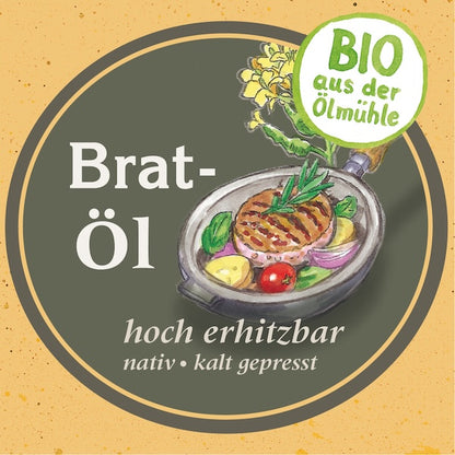Illustration einer Bratpfanne mit der Aufschrift Bio-Bratöl – hoch erhitzbar, nativ, kaltgepresst