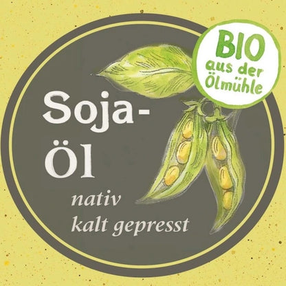 Design Bio Sojaöl nativ kaltgepresst mit Sojaschoten-Illustration – Ölmühle Garting