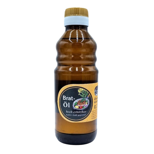 Natives kaltgepresstes Bratöl der Ölmühle Garting in brauner 250-ml-Glasflasche