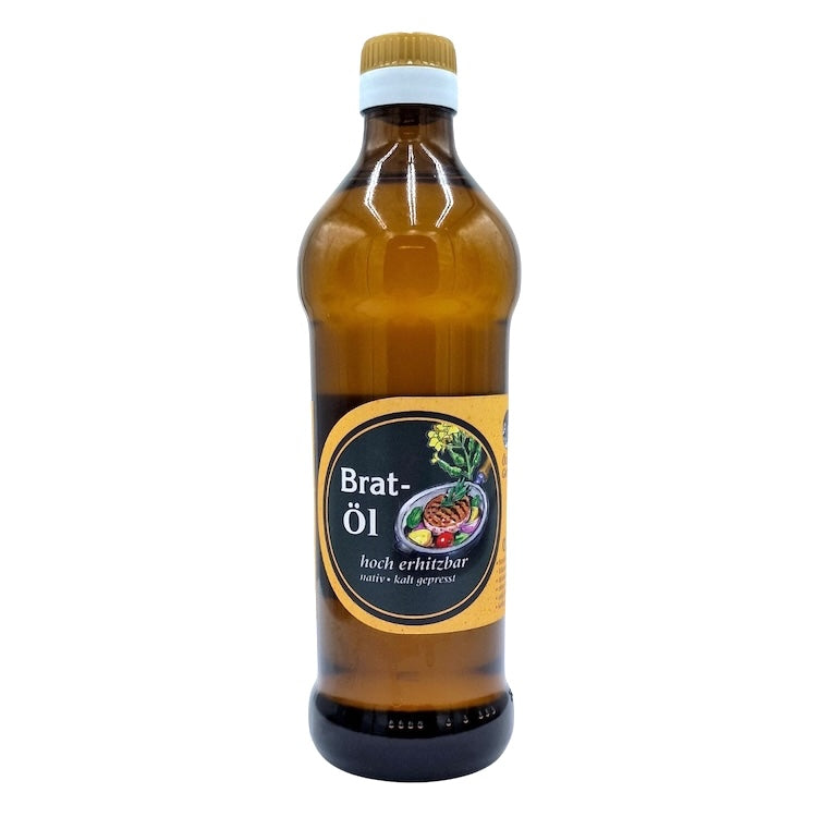 Natives kaltgepresstes Bratöl der Ölmühle Garting in brauner 500-ml-Glasflasche
