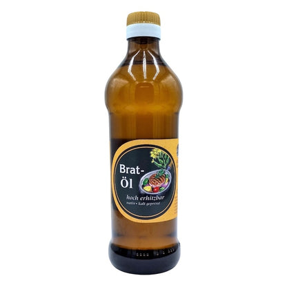 Natives kaltgepresstes Bratöl der Ölmühle Garting in brauner 500-ml-Glasflasche