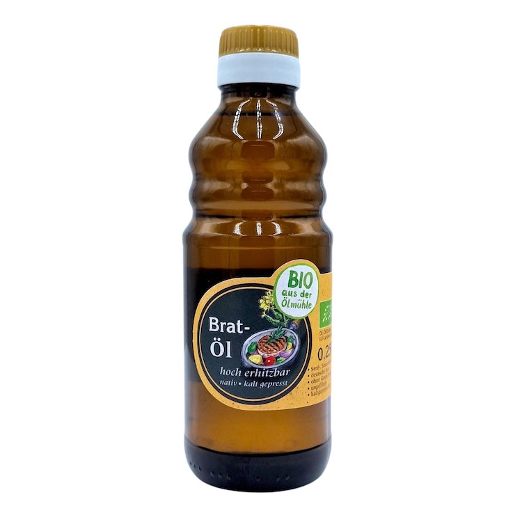 Natives kaltgepresstes Bio-Bratöl der Ölmühle Garting in brauner 250-ml-Glasflasche
