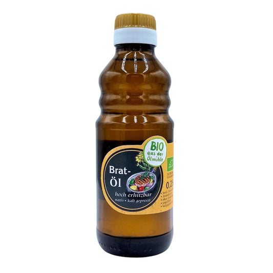 Natives kaltgepresstes Bio-Bratöl der Ölmühle Garting in brauner 250-ml-Glasflasche