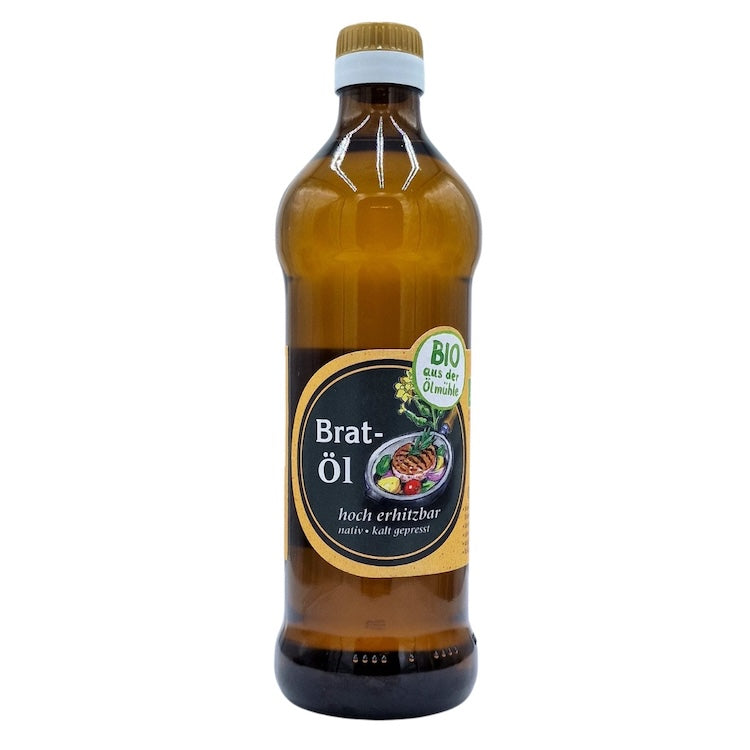 Natives kaltgepresstes Bio-Bratöl der Ölmühle Garting in brauner 500-ml-Glasflasche