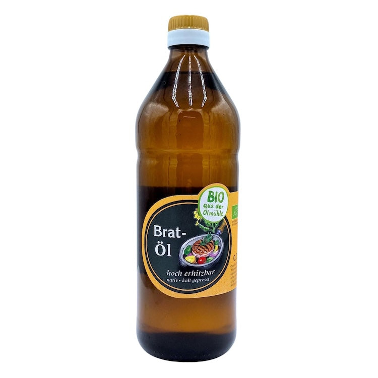 Natives kaltgepresstes Bio-Bratöl der Ölmühle Garting in brauner 750-ml-Glasflasche