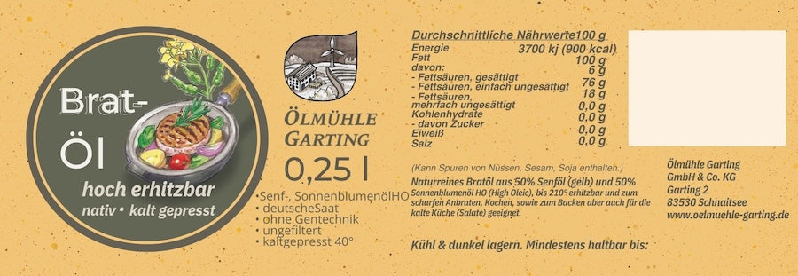 tikett des nativen kaltgepressten Bratöls der Ölmühle Garting aus High-Oleic-Sonnenblumenöl und Senföl mit Produktangaben und Nährwerttabelle