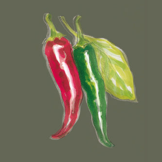Illustration einer roten und grünen Chilischote mit grünem Blatt