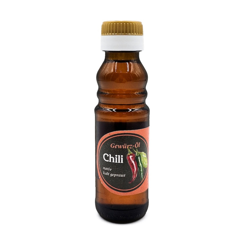Natives kaltgepresstes Chiliöl der Ölmühle Garting in brauner 100-ml-Glasflasche