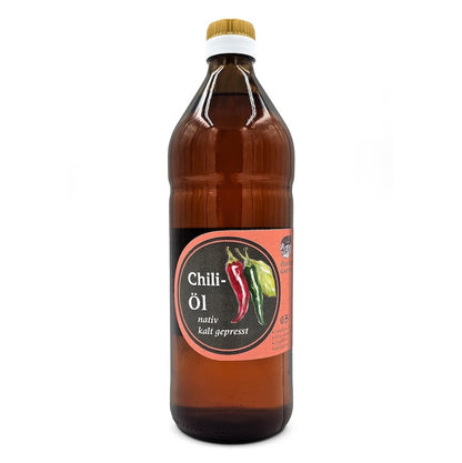 Natives kaltgepresstes Chiliöl der Ölmühle Garting in brauner 750-ml-Glasflasche