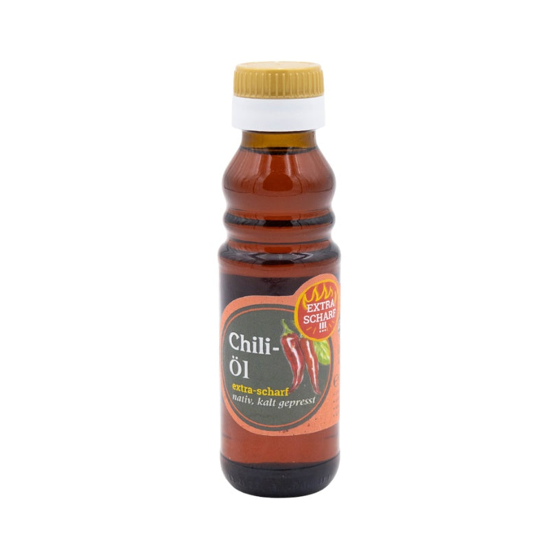 Natives kaltgepresstes Chiliöl extra scharf der Ölmühle Garting in brauner 100-ml-Glasflasche