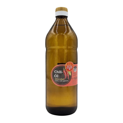 Natives kaltgepresstes Chiliöl extra scharf der Ölmühle Garting in brauner 750-ml-Glasflasche