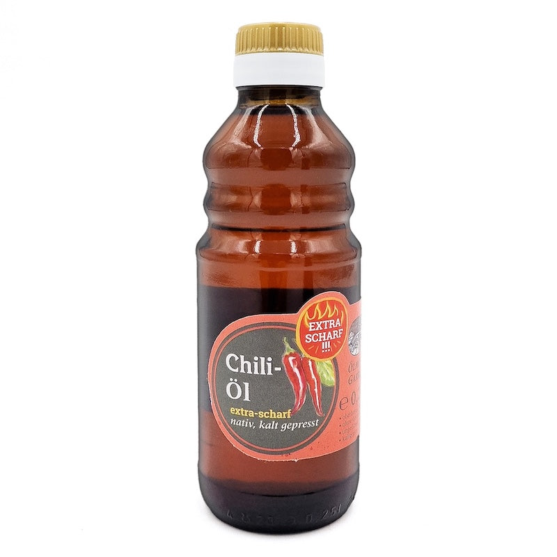 Natives kaltgepresstes Chiliöl extra scharf der Ölmühle Garting in brauner 250-ml-Glasflasche