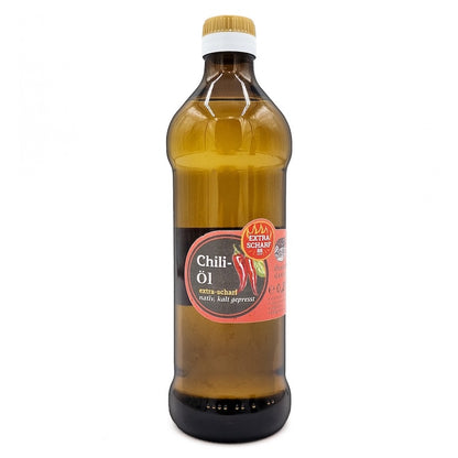 Natives kaltgepresstes Chiliöl extra scharf der Ölmühle Garting in brauner 500-ml-Glasflasche