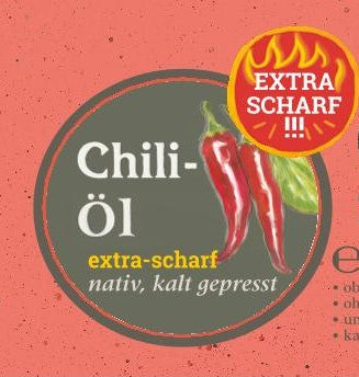 Illustration von Chilischoten mit der Aufschrift Chiliöl extra scharf – nativ, kaltgepresst