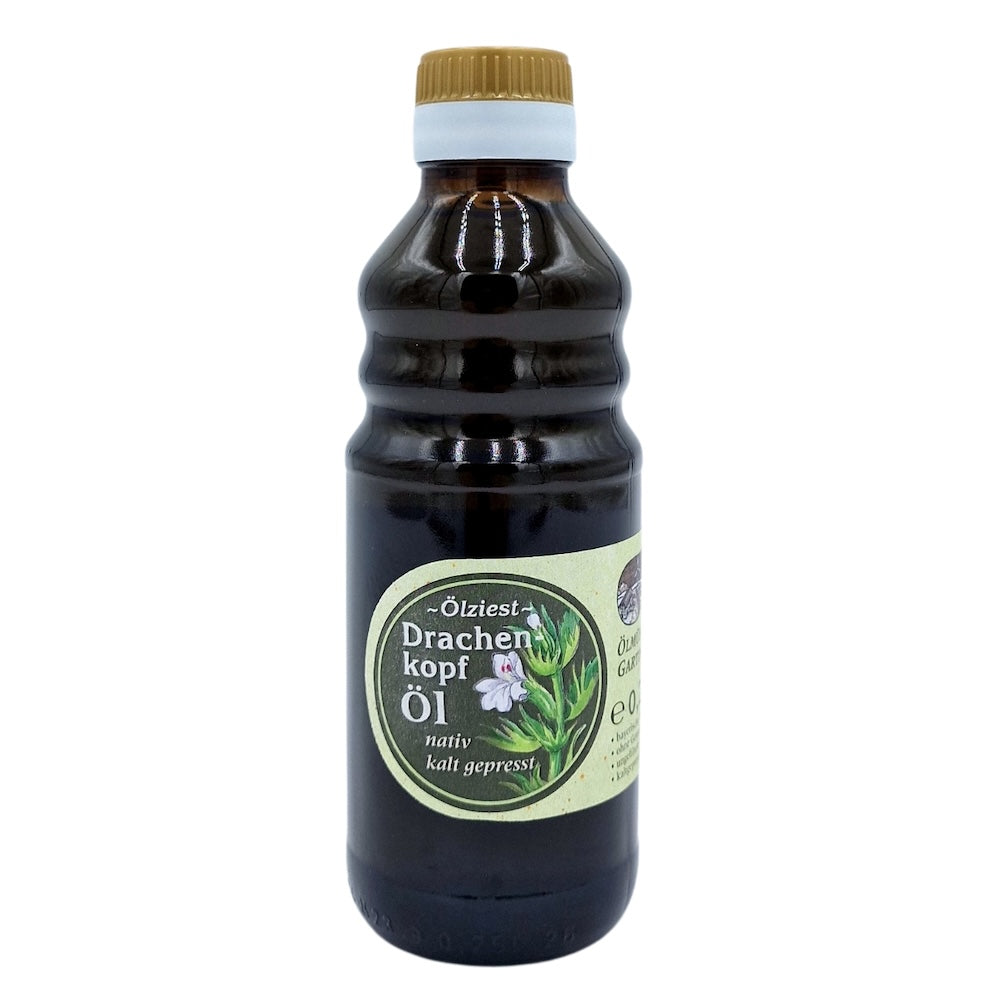 Drachenkopföl nativ kaltgepresst, 250 ml in brauner Glasflasche der Ölmühle Garting auf weißem Hintergrund