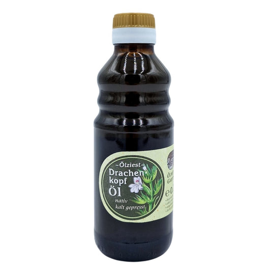 Drachenkopföl nativ kaltgepresst, 250 ml in brauner Glasflasche der Ölmühle Garting auf weißem Hintergrund