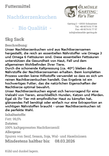 Etikett Bio Nachtkerzenkuchen als Futtermittel für Tiere, 5 kg Sack