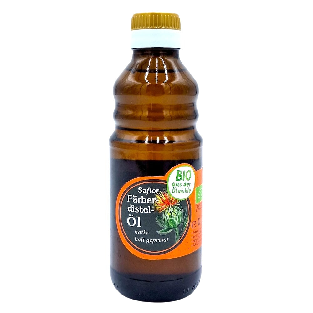 Bio Färberdistelöl nativ kaltgepresst, 250 ml in brauner Glasflasche der Ölmühle Garting auf weißem Hintergrund 