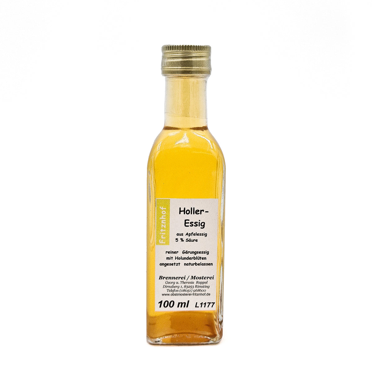 Holleressig aus Apfelessig naturbelassen, 100 ml Glasflasche des Fritznhof mit weißem Etikett auf weißem Hintergrund