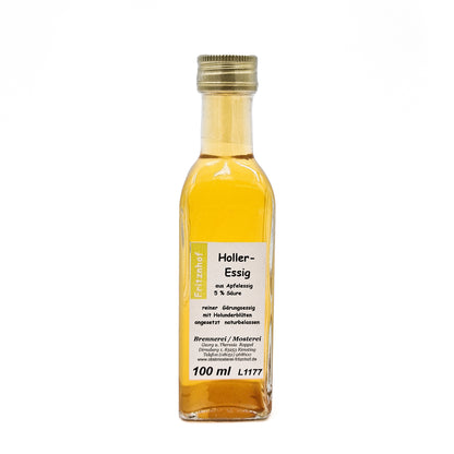 Holleressig aus Apfelessig naturbelassen, 100 ml Glasflasche des Fritznhof mit weißem Etikett auf weißem Hintergrund