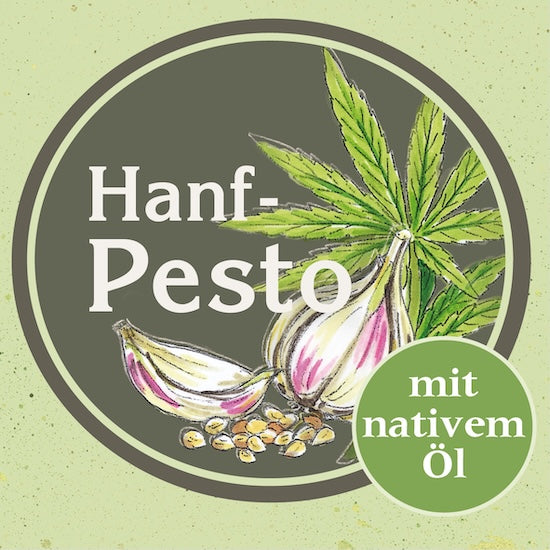 Etikett des Hanfpesto mit nativem Öl, Illustration eines Hanfblattes und Knoblauch auf hellgrünem Hintergrund
