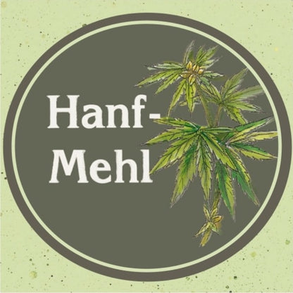 Produktlogo des Hanfmehls der Ölmühle Garting mit Hanfblatt-Illustration.