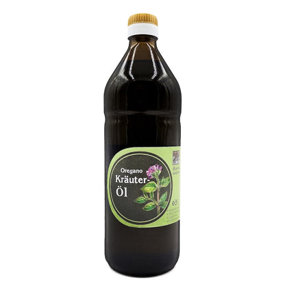Oregano Kräuteröl nativ kaltgepresst, 750 ml in brauner Glasflasche der Ölmühle Garting mit grünem Etikett auf weißem Hintergrund