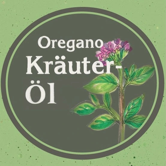 Etikett des Oregano Kräuteröl nativ kaltgepresst: Ölmühle Garting mit gezeichneter Oreganopflanze