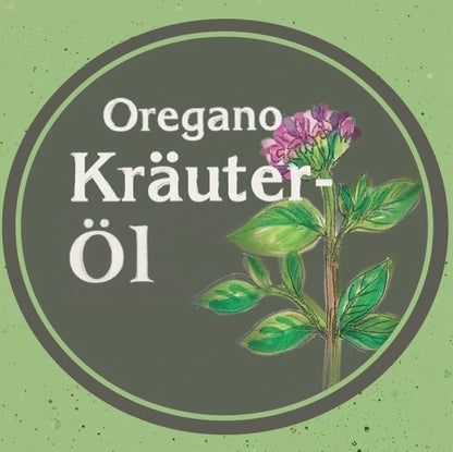 Etikett des Oregano Kräuteröl nativ kaltgepresst: Ölmühle Garting mit gezeichneter Oreganopflanze