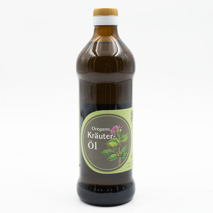 Oregano Kräuteröl nativ kaltgepresst, 500 ml in brauner Glasflasche der Ölmühle Garting mit grünem Etikett auf weißem Hintergrund