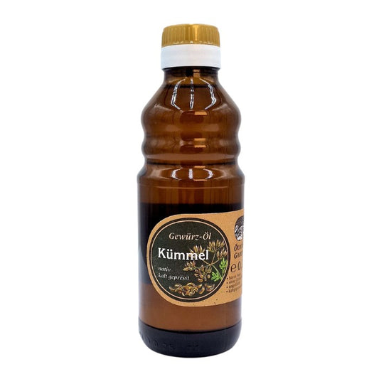 Kümmelöl nativ kaltgepresst in brauner Glasflasche, 250 ml – Ölmühle Garting