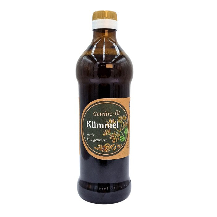 Kümmelöl nativ kaltgepresst in brauner Glasflasche, 500 ml – Ölmühle Garting