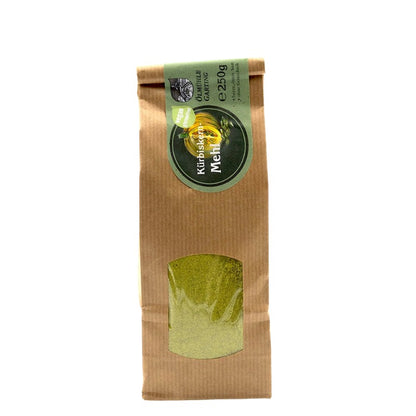 Kürbiskernmehl der Ölmühle Garting in der 250-g-Papiertüte mit Sichtfenster, vegan und glutenfrei