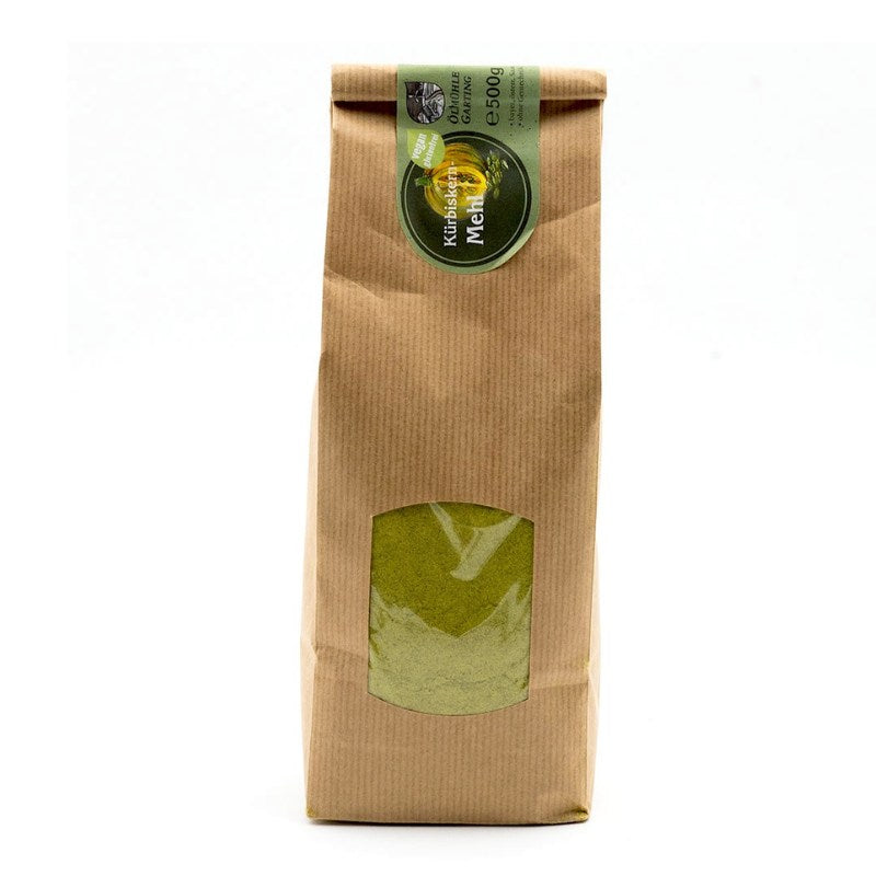 Kürbiskernmehl der Ölmühle Garting in der 500-g-Papiertüte mit Sichtfenster, vegan und glutenfrei