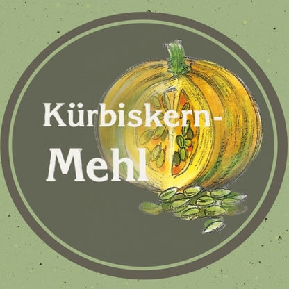 Illustration eines Kürbisses mit Kürbiskernen und der Aufschrift „Kürbiskernmehl“