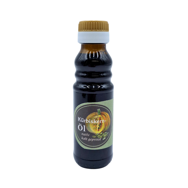 Natives kaltgepresstes Kürbiskernöl der Ölmühle Garting in brauner 100-ml-Glasflasche