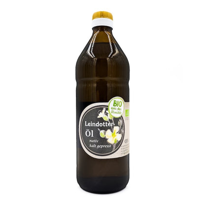 Bio Leindotteröl nativ kaltgepresst, 750 ml in brauner Glasflasche der Ölmühle Garting mit beigem Etikett auf weißem Hintergrund