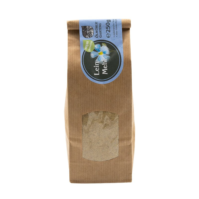 250 g Leinmehl Gold der Ölmühle Garting in einer Papiertüte – glutenfreies Leinmehl aus Goldleinsaat aus Süddeutschland.