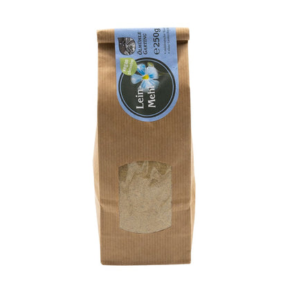 250 g Leinmehl Gold der Ölmühle Garting in einer Papiertüte – glutenfreies Leinmehl aus Goldleinsaat aus Süddeutschland.