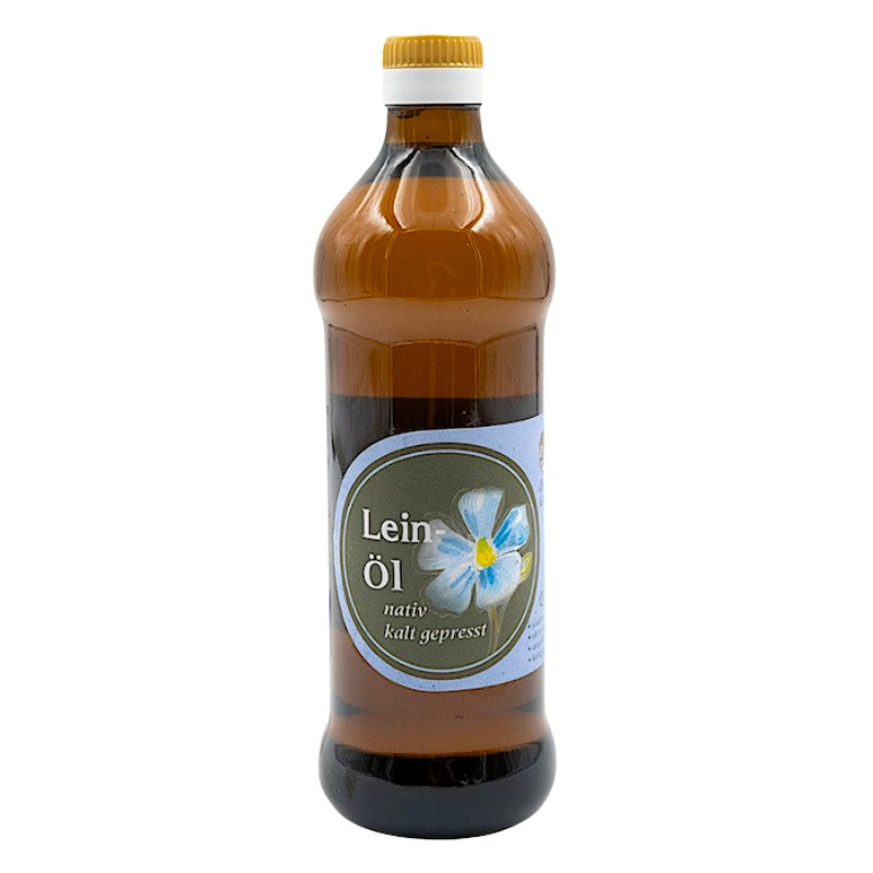 Leinöl der Ölmühle Garting in einer 500-ml-Braunglasflasche mit Produktetikett.
