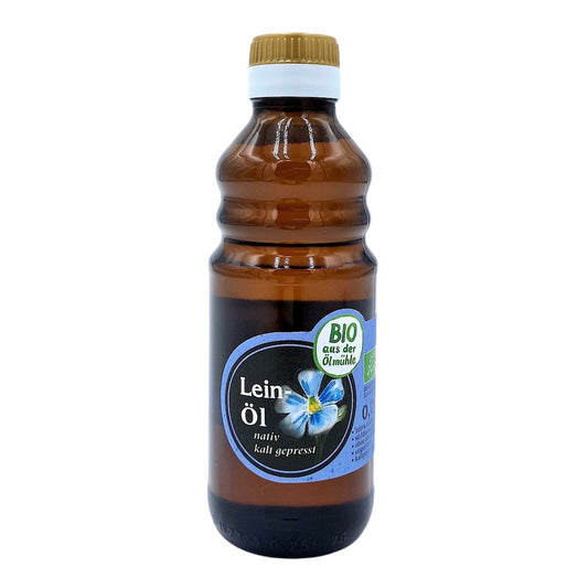 250-ml-Flasche Bio-Leinöl der Ölmühle Garting aus Braunglas.