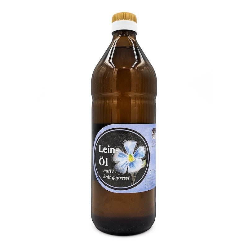 Leinöl der Ölmühle Garting in einer 750-ml-Braunglasflasche mit Produktetikett.
