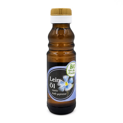 100-ml-Flasche Bio-Leinöl der Ölmühle Garting mit Schraubverschluss.